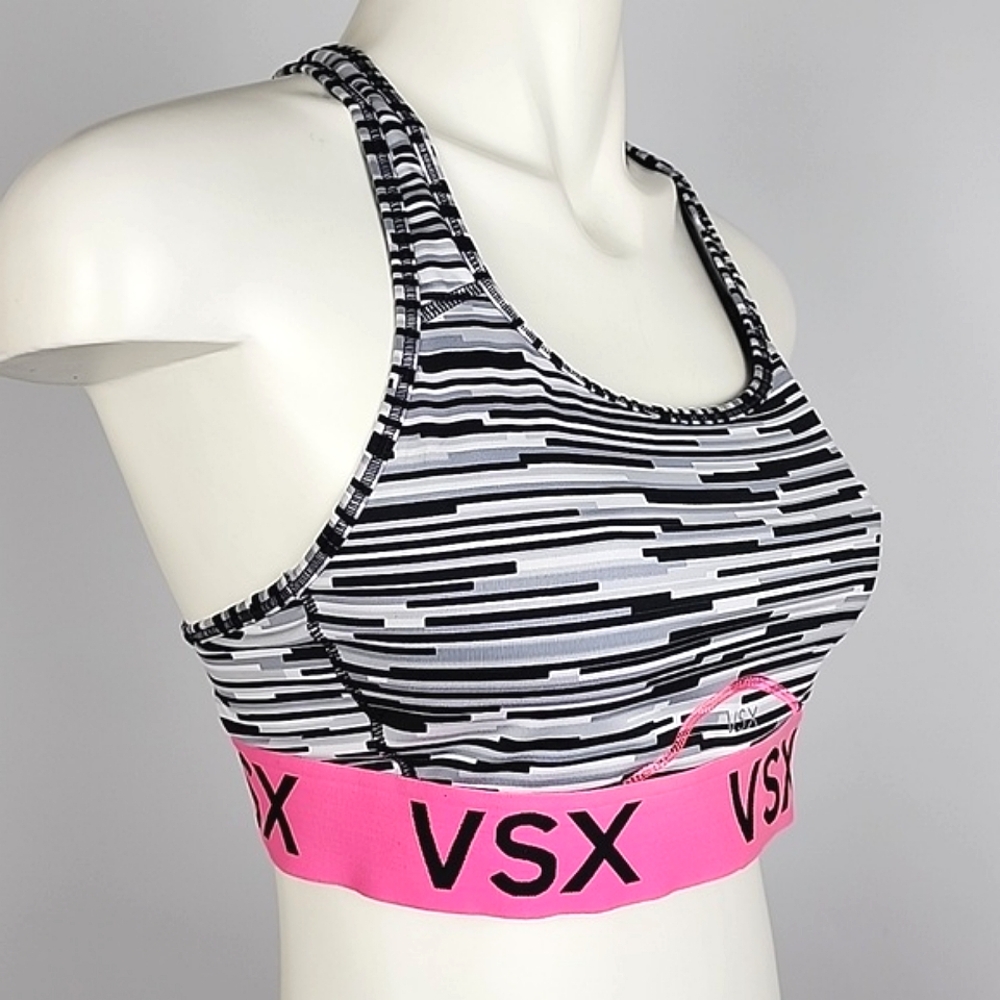 VSX Victoria's Secret Women's Racerback Sports Bra Black Stripes Pink Band M